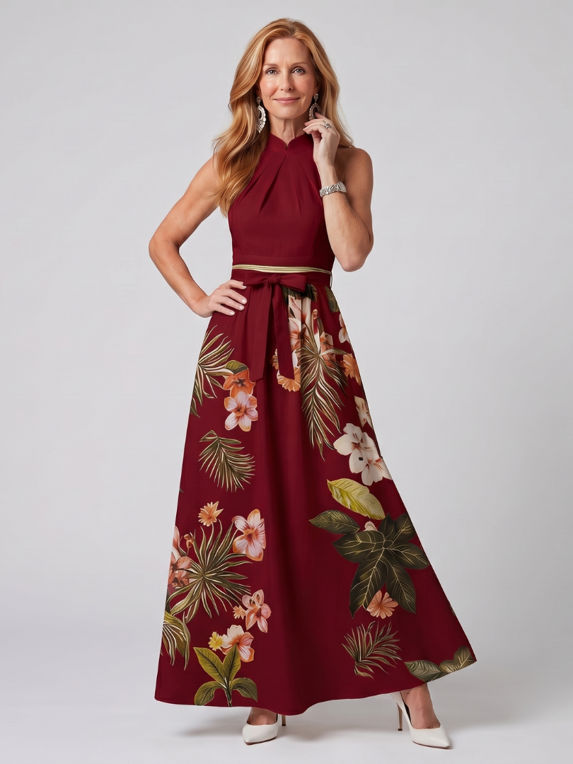 Marlowe | Gathered High Neck Botanical Print Maxi Dress
