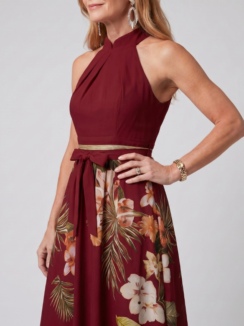 Marlowe | Gathered High Neck Botanical Print Maxi Dress