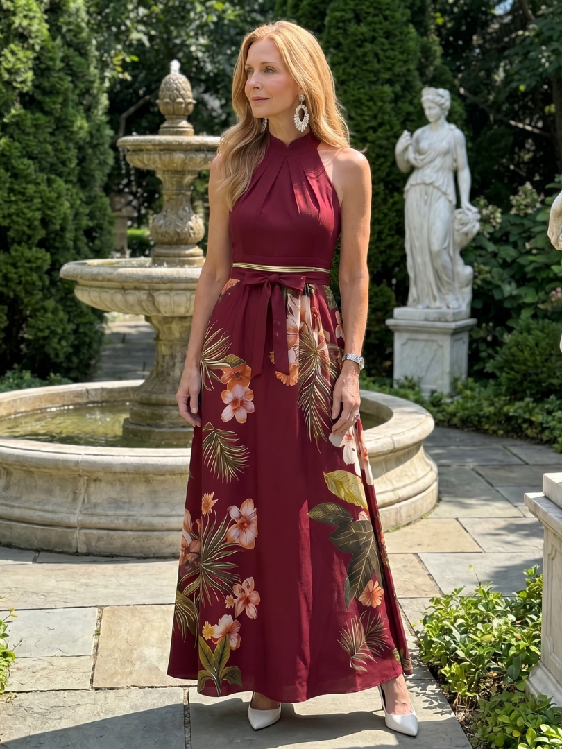 Marlowe | Gathered High Neck Botanical Print Maxi Dress