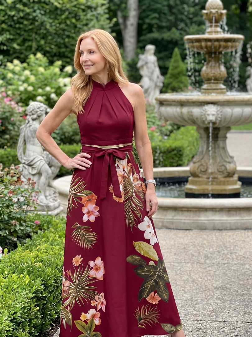 Marlowe | Gathered High Neck Botanical Print Maxi Dress