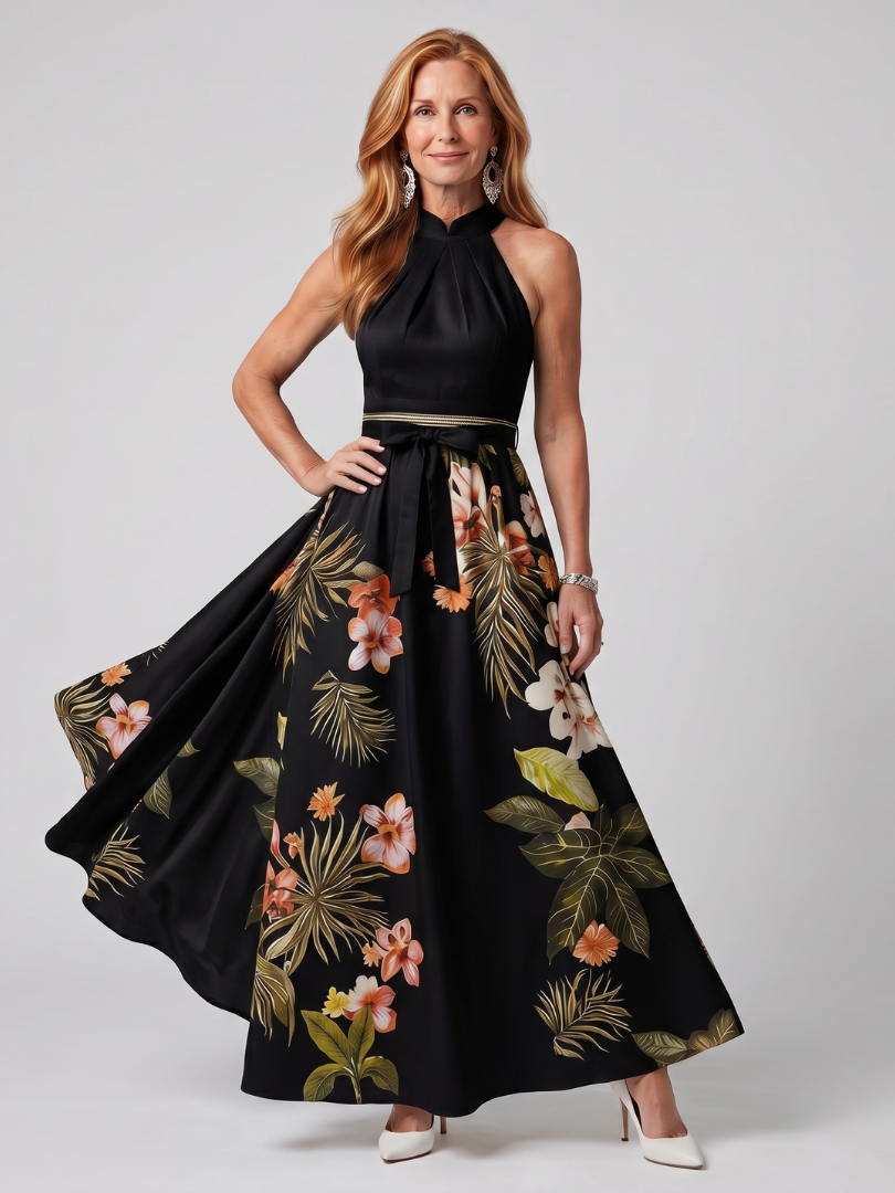 Marlowe | Gathered High Neck Botanical Print Maxi Dress