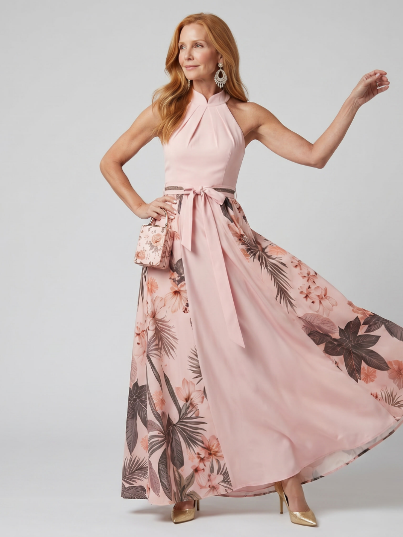 Marlowe | Gathered High Neck Botanical Print Maxi Dress