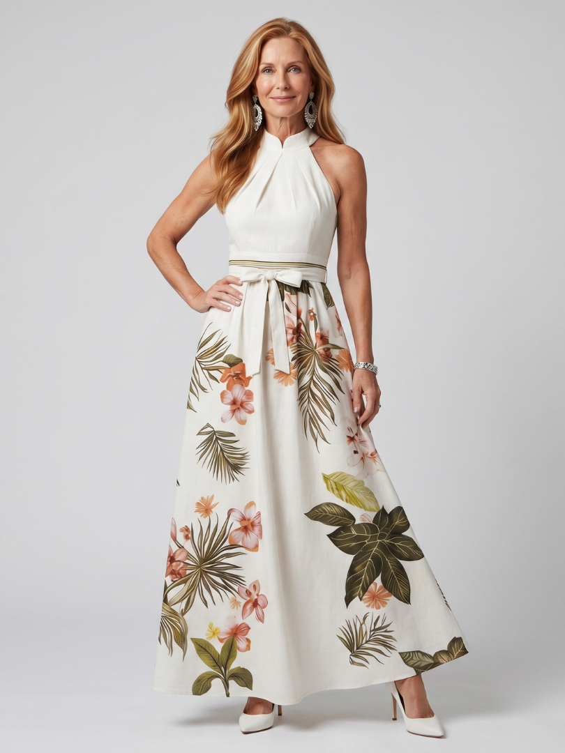 Marlowe | Gathered High Neck Botanical Print Maxi Dress