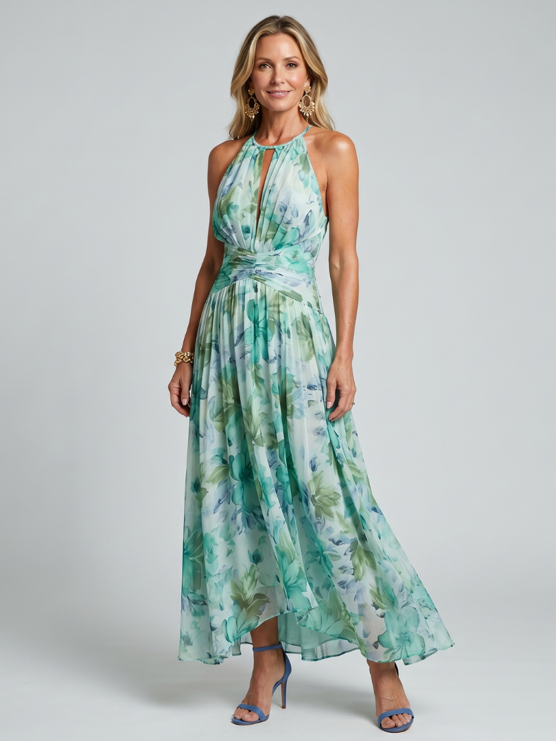Linnea | Halter Neck Pleated Floral Midi Dress