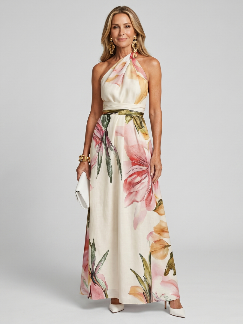 Georgine | Halter Neck Floral Print Sleeveless Maxi Dress
