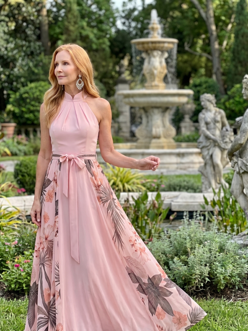 Marlowe | Gathered High Neck Botanical Print Maxi Dress