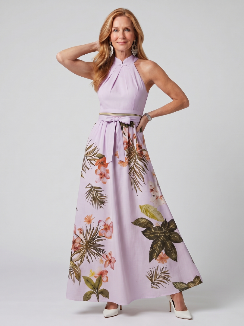 Marlowe | Gathered High Neck Botanical Print Maxi Dress