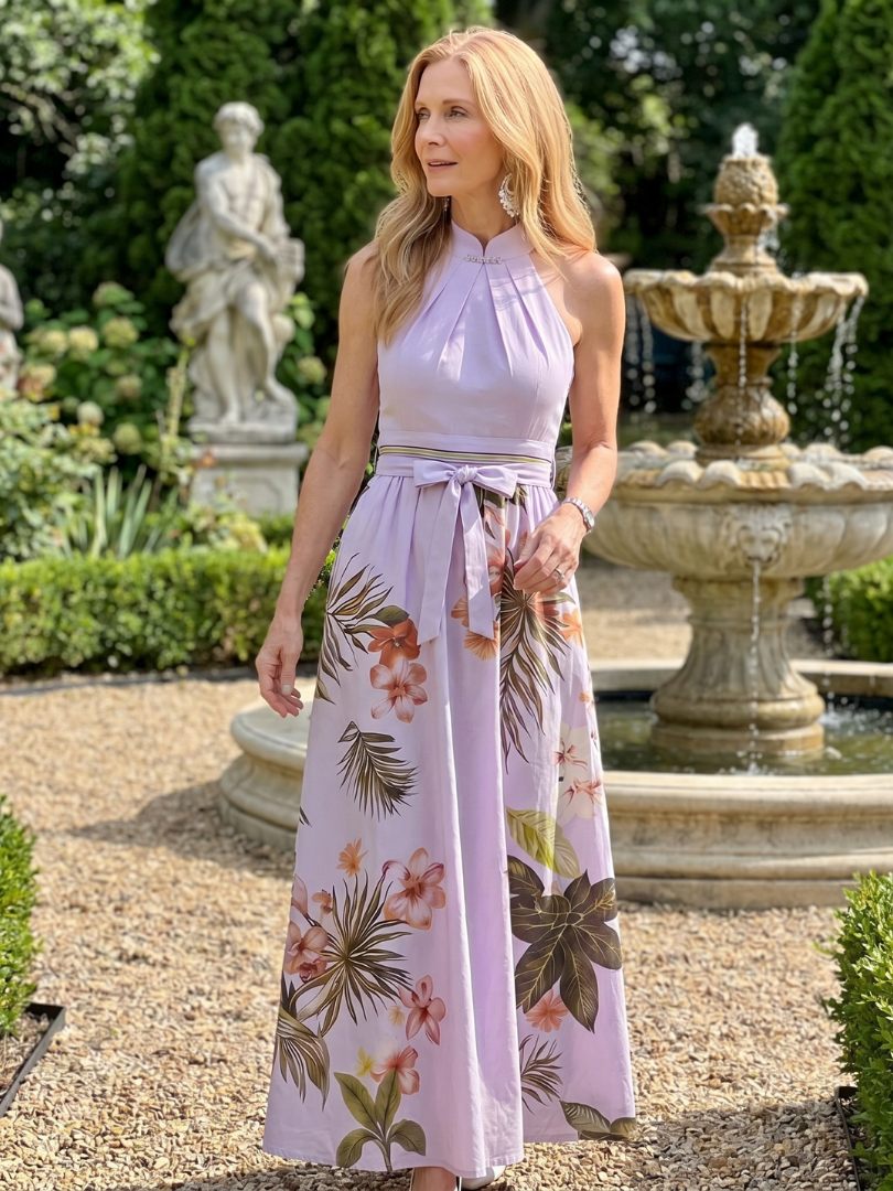 Marlowe | Gathered High Neck Botanical Print Maxi Dress
