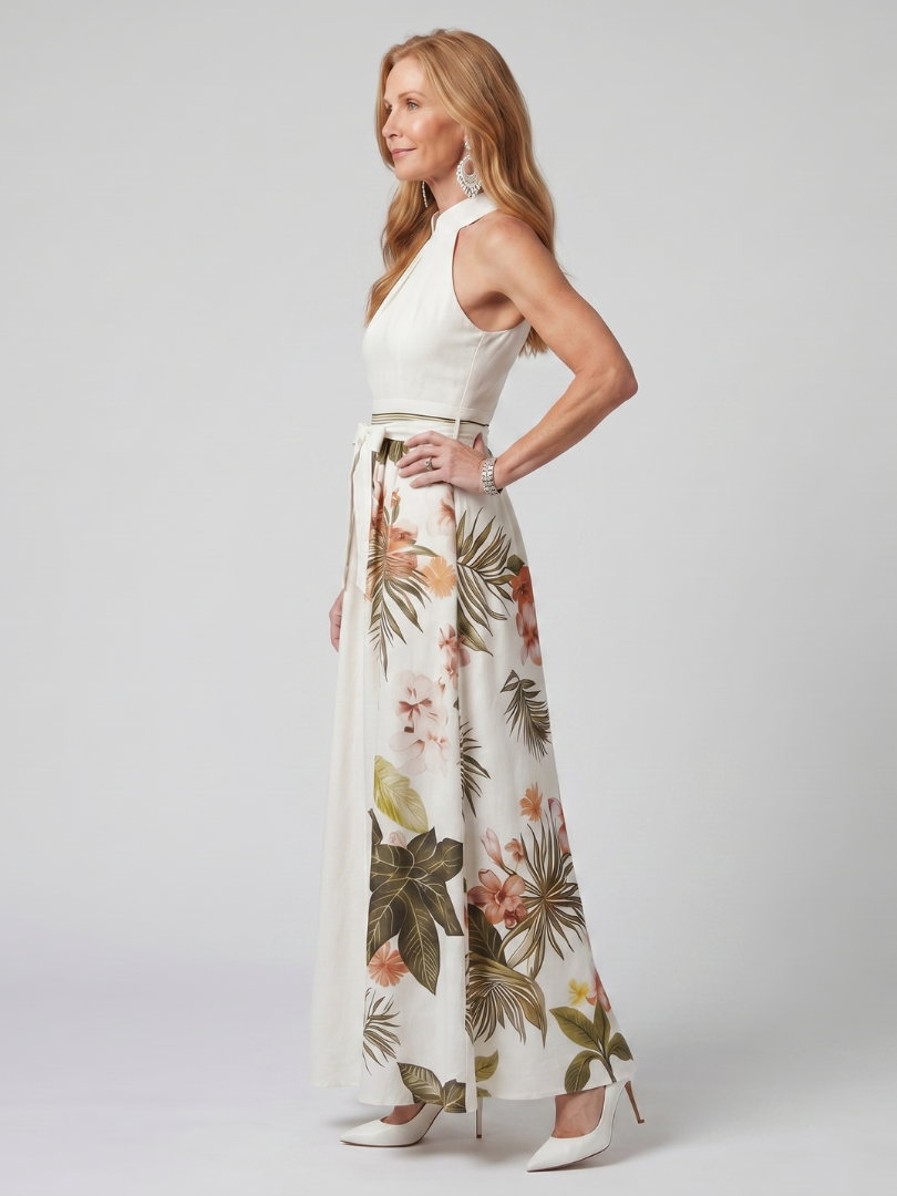 Marlowe | Gathered High Neck Botanical Print Maxi Dress