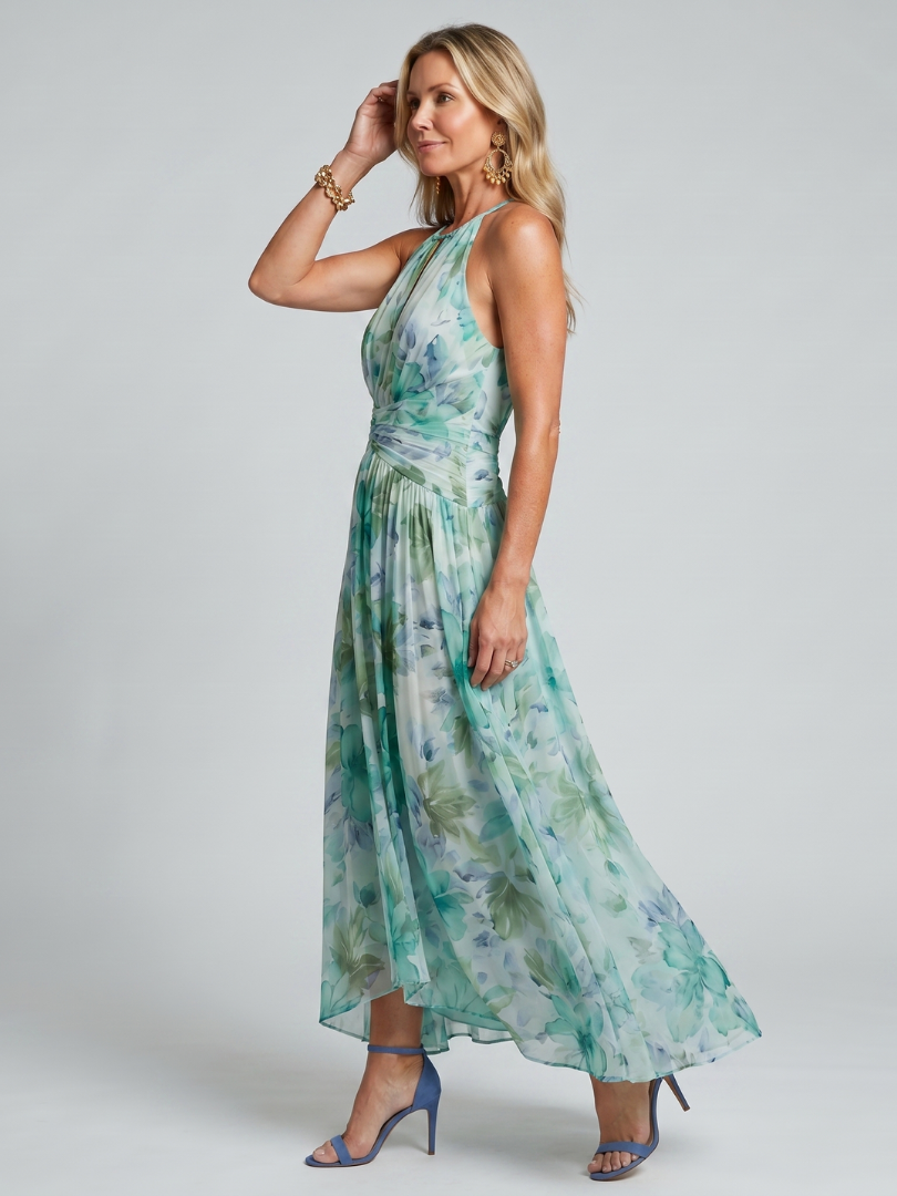 Linnea | Halter Neck Pleated Floral Midi Dress