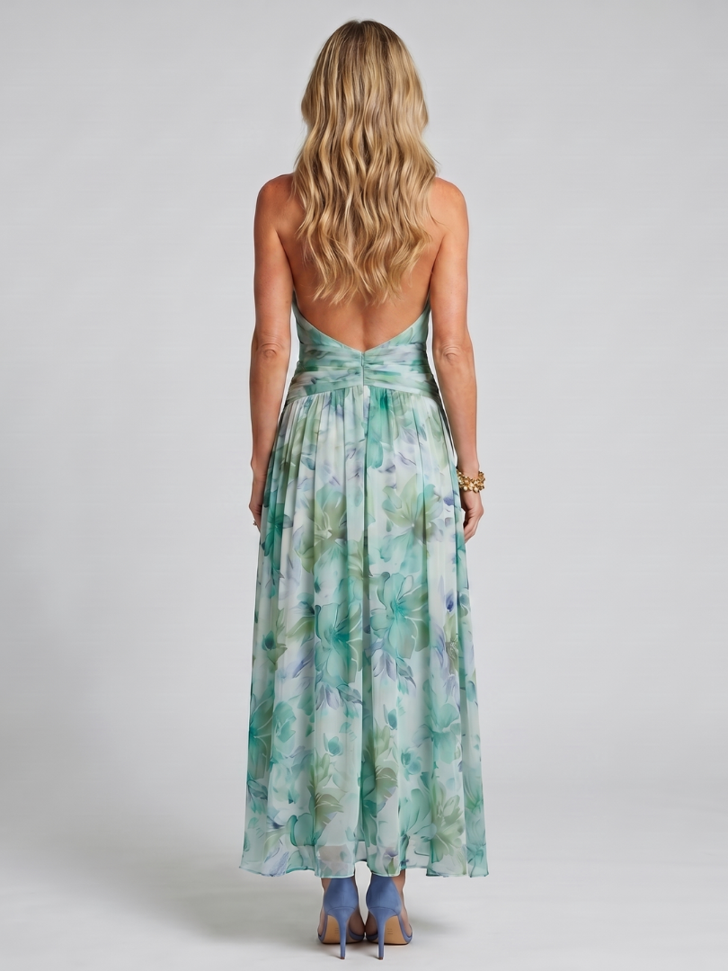 Linnea | Halter Neck Pleated Floral Midi Dress