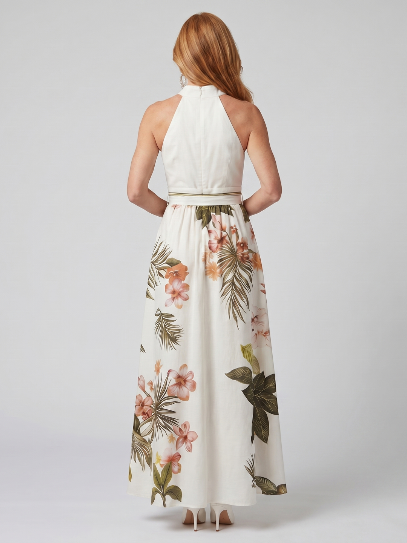Marlowe | Gathered High Neck Botanical Print Maxi Dress