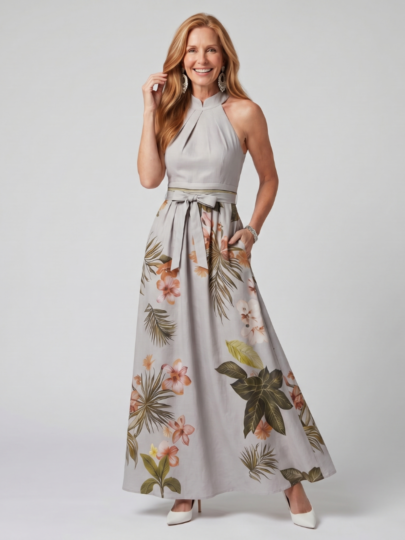 Marlowe | Gathered High Neck Botanical Print Maxi Dress
