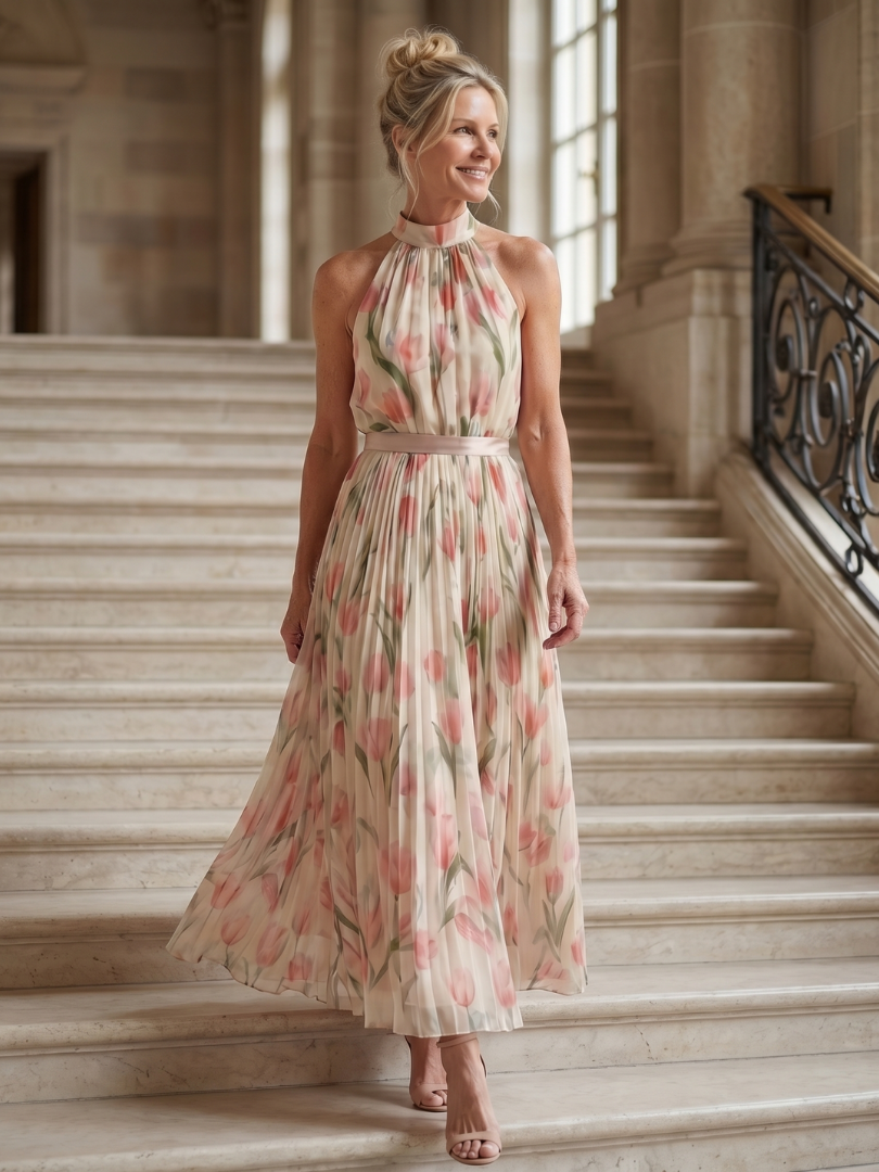 Aurelle | Halter Neck Floral Midi Dress