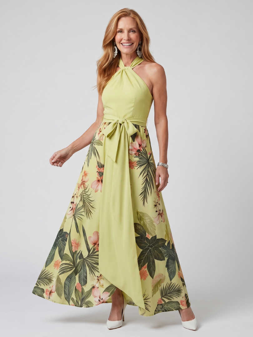 Marlowe | Gathered High Neck Botanical Print Maxi Dress